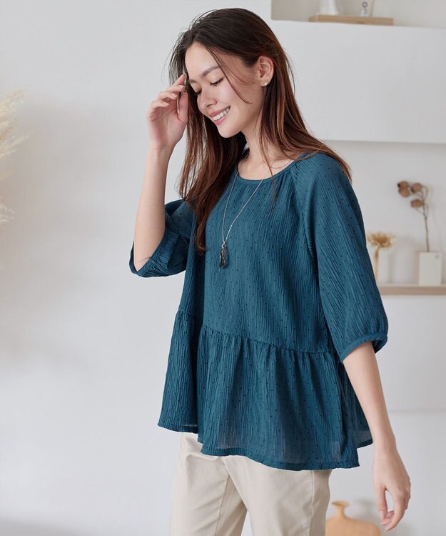 Tiaclasse 【洗える】楊柳ドットギャザーブラウス ターコイズ