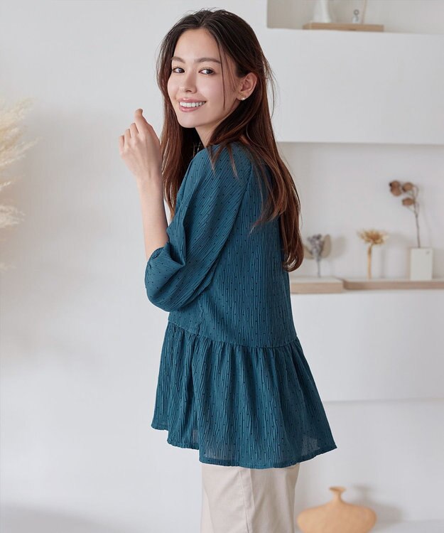 Tiaclasse 【洗える】楊柳ドットギャザーブラウス ターコイズ