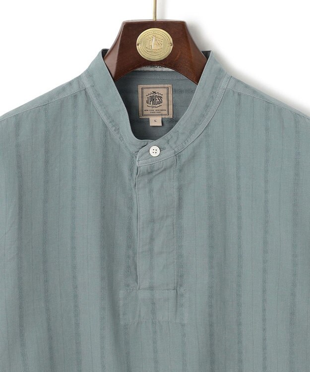 J.PRESS MEN 【HYBRID LINEN】ドビーストライプ バンドカラーラガーシャツ スモーキーグリーン系
