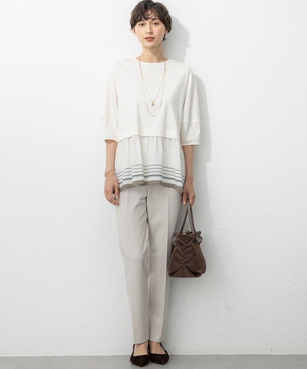 23区 【汗じみ防止加工】スカーフプリントコンビ ヘムデザイン チュニック アイボリー×ライトカーキ