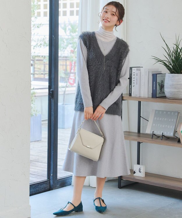 Tiaclasse 【選べる着丈・洗える】 ニットワンピース ミモレ丈：グレー