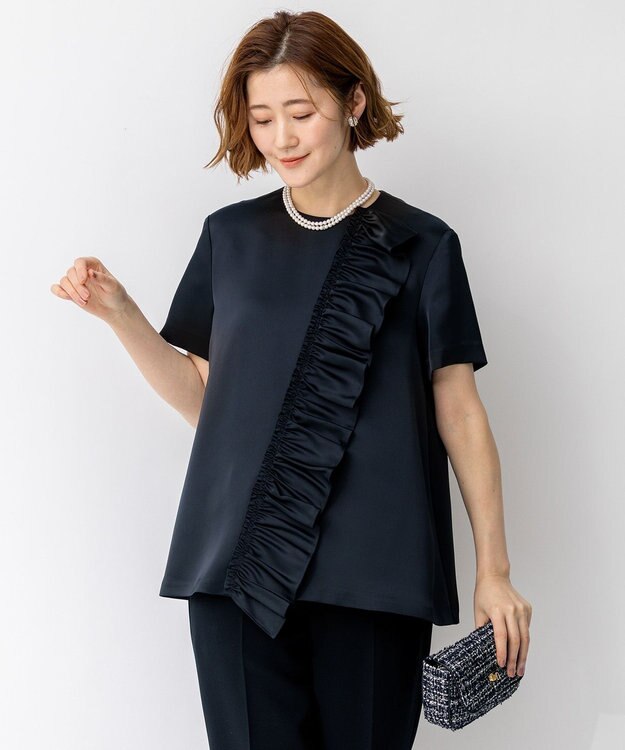 23区 【APPLAUDIR】クリアダブルサテン フリルデザイン ブラウス ネイビー系