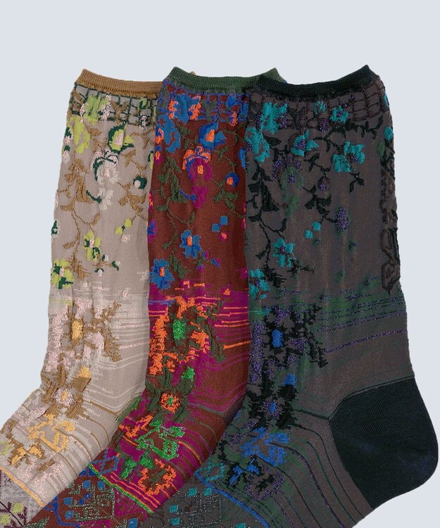 COQ antigua flower ラメ花柄ソックス ベージュ