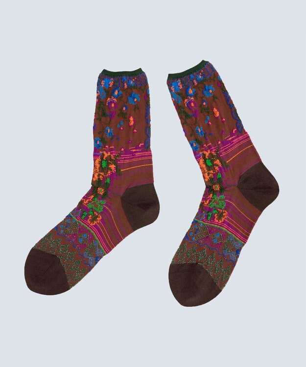 COQ antigua flower ラメ花柄ソックス ブラウン