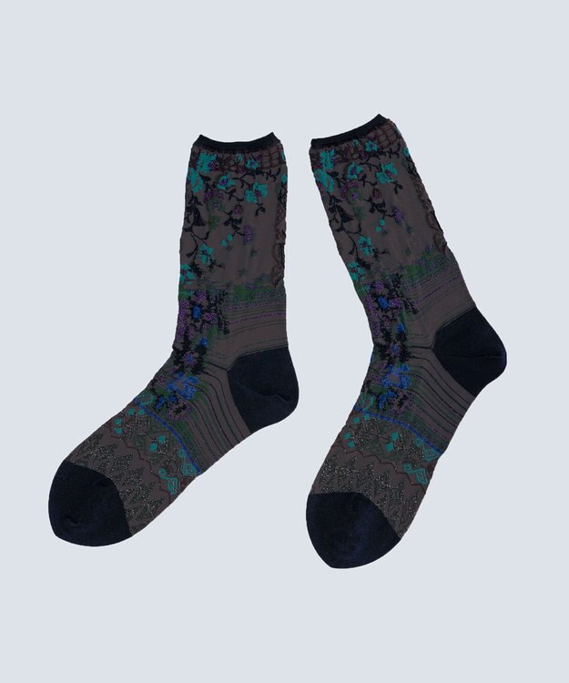 COQ antigua flower ラメ花柄ソックス チャコールグレー