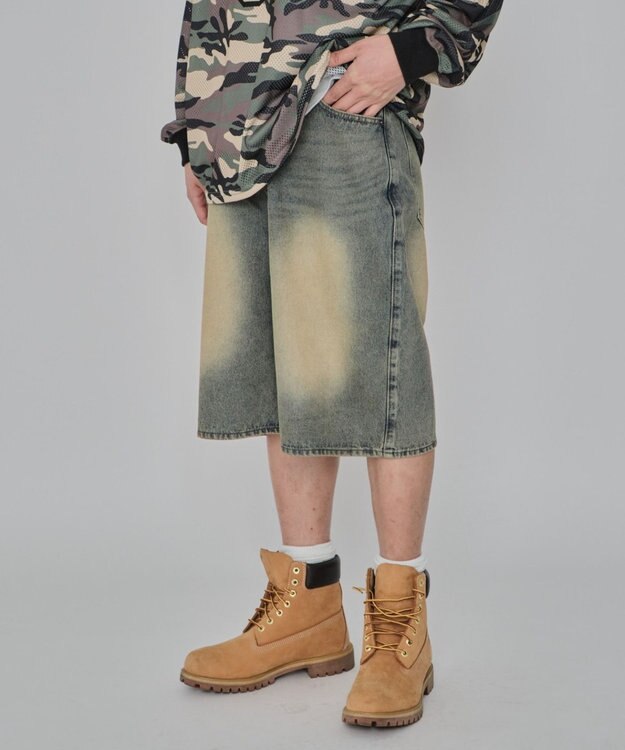 WEGO 【紐で調節可能】スーパーバギーデニムショーツ デニム淡加工色