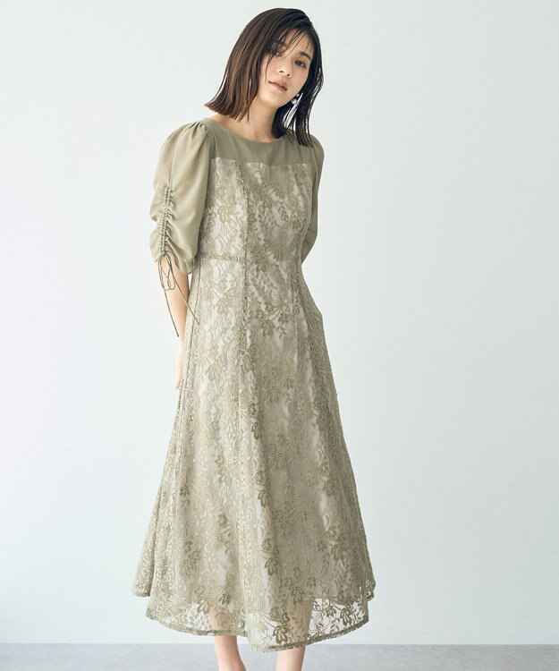 YECCA VECCA レース切替フレアドレス Khaki