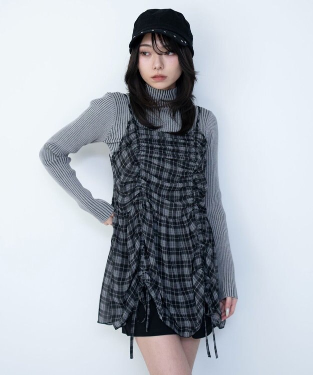 WEGO ドロストデザインキャミワンピース ブラックチェック1