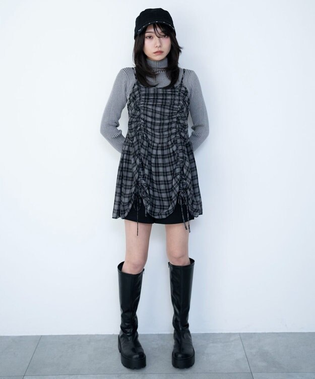 WEGO ドロストデザインキャミワンピース ブラックチェック1