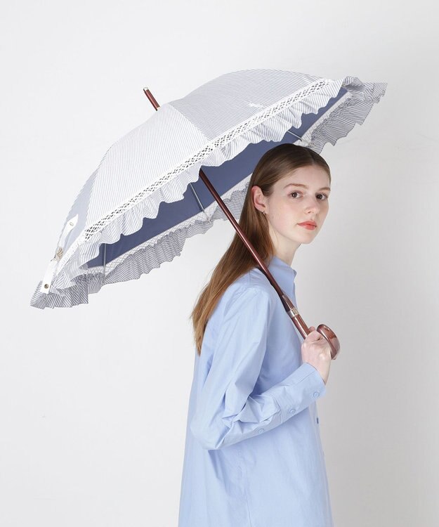 MOONBAT 【遮光/晴雨兼用】POLO RALPH LAUREN （ポロラルフローレン） 長傘 晴雨兼用日傘 ストライプフリル 遮光 遮熱 UV ディープブルー