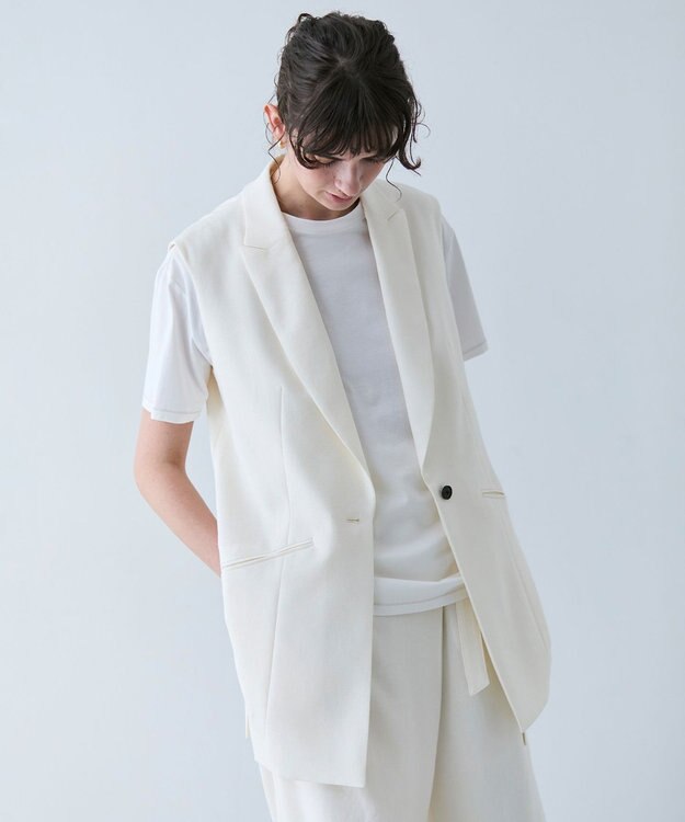 BEIGE， 【洗える】CAROLE / リネンライクノースリーブジレジャケット Ecru