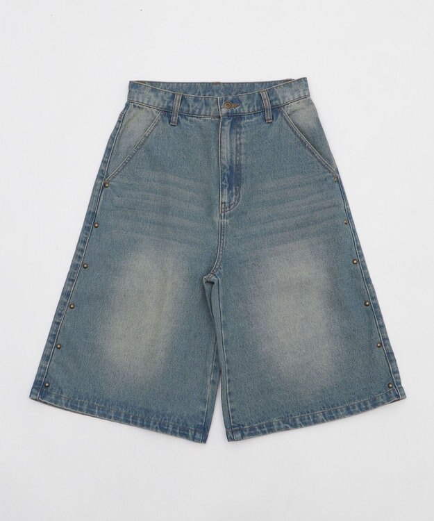 WEGO ロゴスタッズハーフパンツ デニム中濃加工色