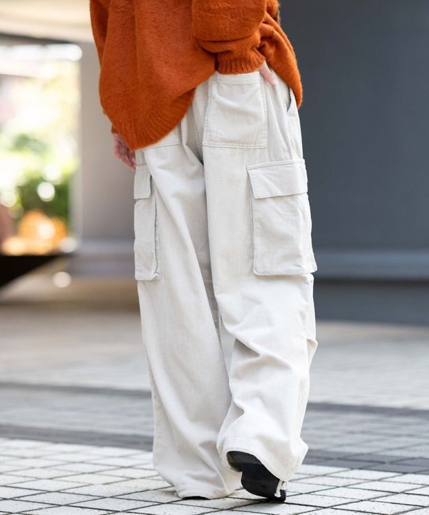 WEGO 【ウエストゴム/MLサイズ展開】イージーコーデュロイカーゴパンツ ライトベージュ