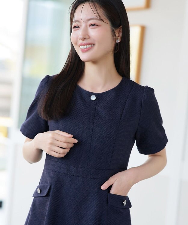 Tiaclasse 半袖サマーツイードワンピース ネイビー