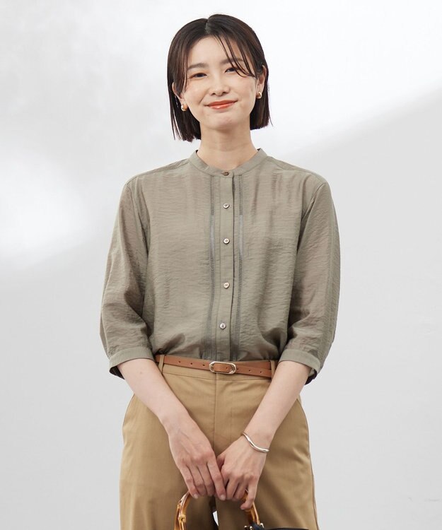 J.PRESS LADIES S 【WEB限定カラーあり・洗える】Sheer Vis リネン バンドカラー ブラウス モカカーキ系