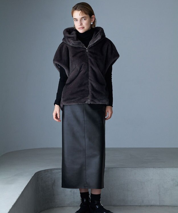 ICB 【洗える】ミンクライクファー フーディジレ コート チャコール