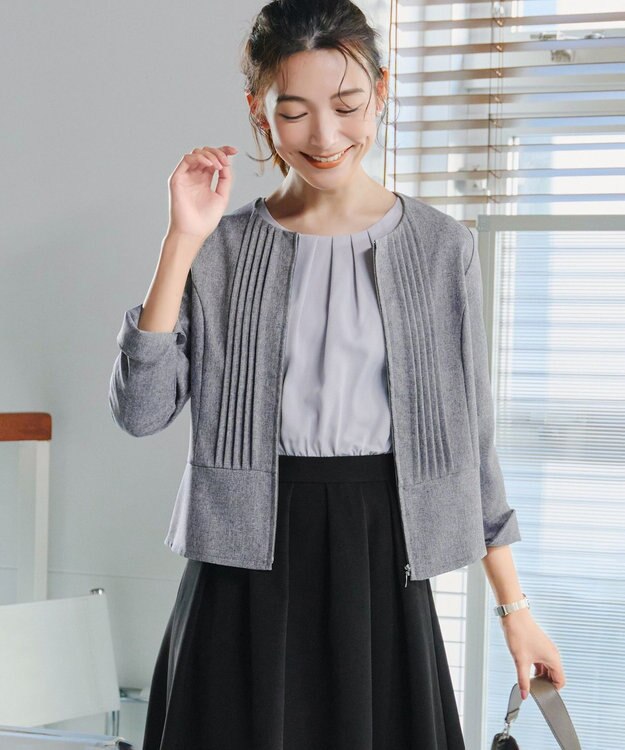 Tiaclasse 【小倉優子さん着用】【洗える】ピンタックノーカラージャケット グレー