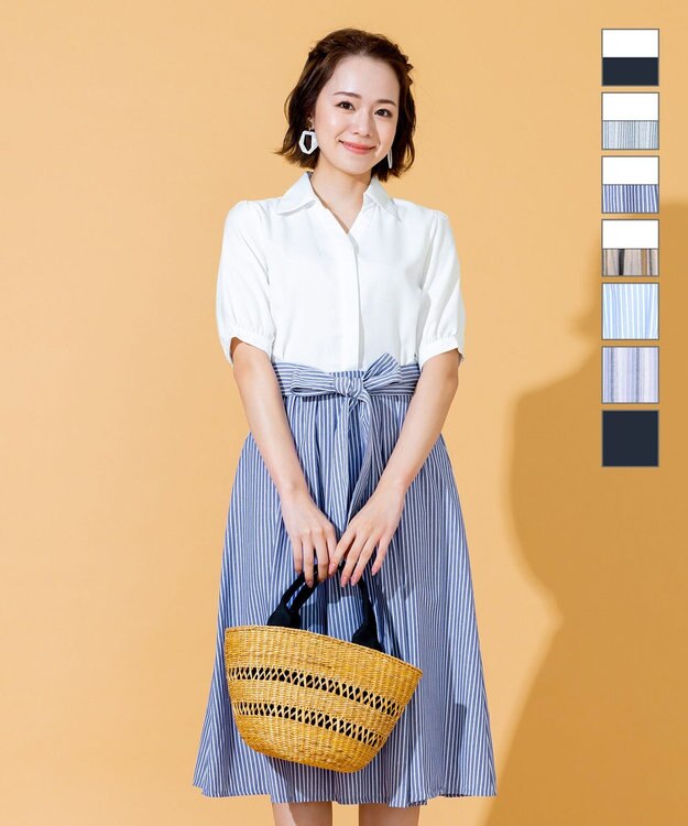 Tiaclasse 【洗える】小顔効果も叶えるスキッパーシャツワンピース ネイビーストライプ