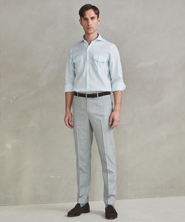 GOTAIRIKU ノルマンディリネン使用【洗える】カッタウェイカラー ソフトリネンシャツ サックスブルー系