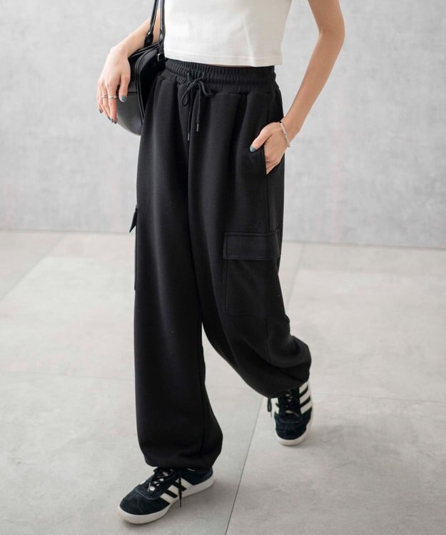 WEGO 【ウエストゴム】スウェットカーゴパンツ ブラック