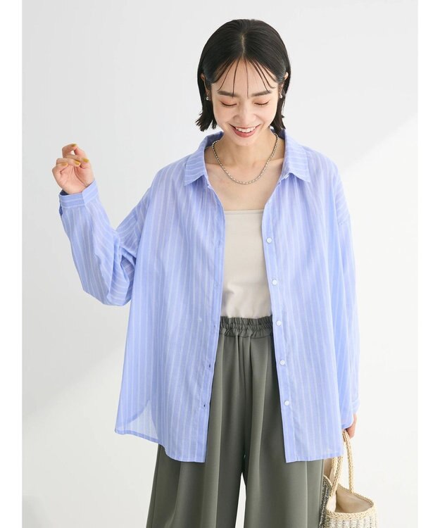 Green Parks インド綿 ボイルゆったりシャツ Stripe Sax