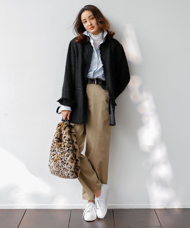 ICB ライトツイード ノーカラージャケット ブラック系