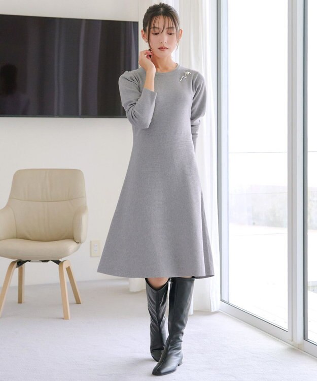Tiaclasse 【選べる着丈・洗える】 ニットワンピース 膝丈：グレー