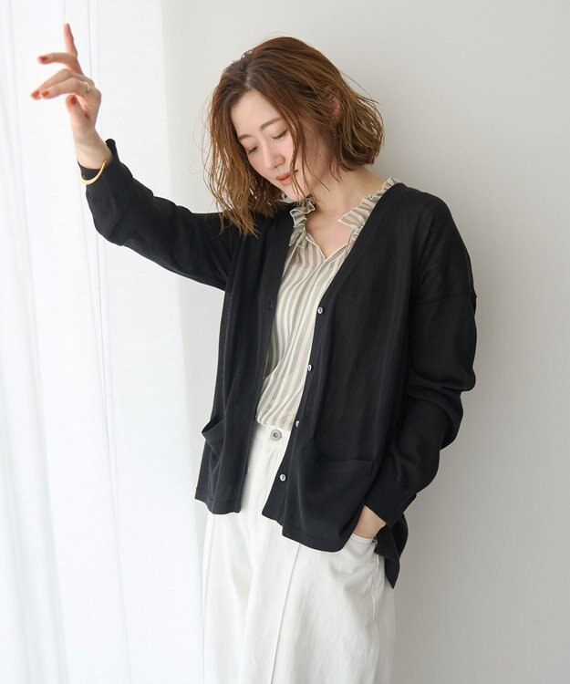 YECCA VECCA ハイゲージミドル丈Vネックカーディガン Black