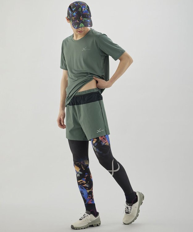 CW-X 【MEN】 CW-X トップス 【薄軽ランニングシャツ】 半袖 3分袖 Ｕネック 吸汗速乾性(本体) メンズ DLO155 /ワコール オリーブ