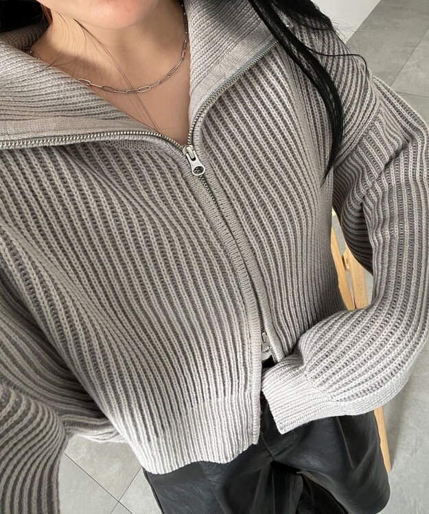 WEGO ダブルジップショートニットブルゾン グレー