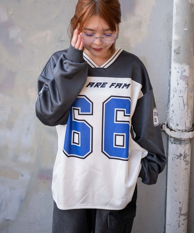 WEGO VネックナンバリングサテンBIGスウェット スミクロ