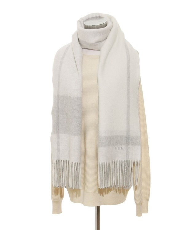 MOONBAT FURLA ウール混 超大判ラメ入りブロックチェックストールマフラー／幅70cm グレー