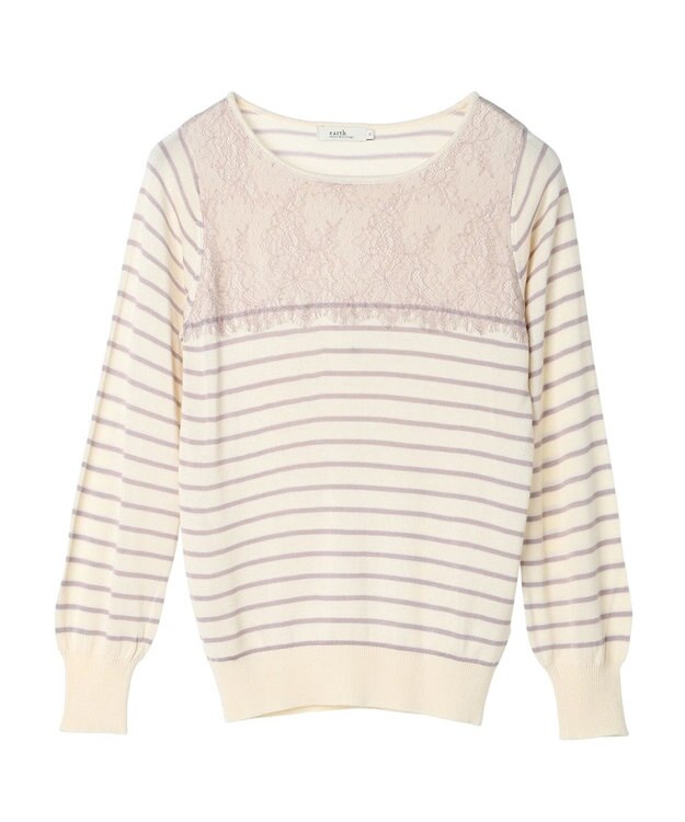 earth music&ecology レースボーダーニットプルオーバー Pink Beige