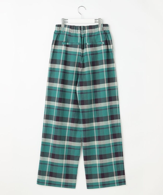 自由区 コットンリネンチェックワイドストレート パンツ グリーン×ネイビー系