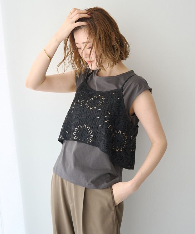 YECCA VECCA 【2点SET】刺繍メッシュキャミセットコットンTee Black