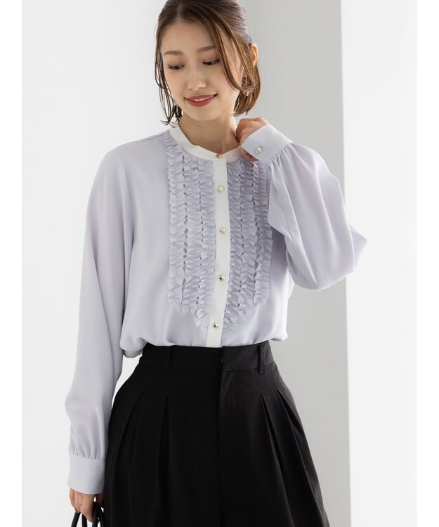 Te chichi フロントフリルバイカラーブラウス グレー