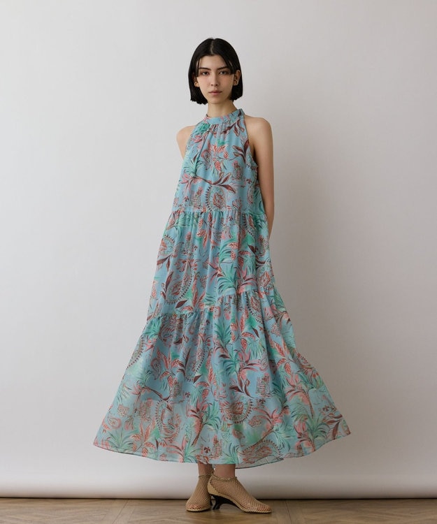 GRACE CONTINENTAL リゾートプリントティアードワンピース グリーン