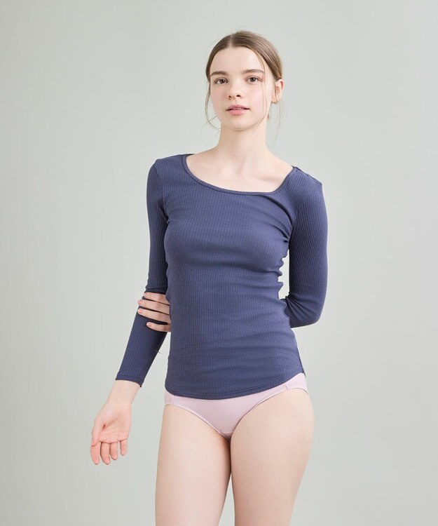 une nana cool 綿100%生地使用 リブ編みコットン 長袖シャツ ダークネイビー