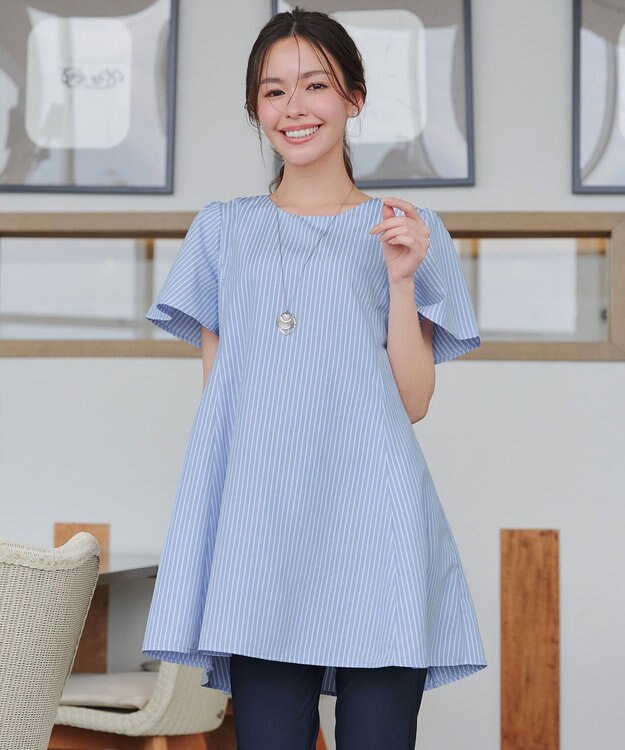 Tiaclasse L 【小倉優子さん着用・選べる袖TYPE・洗える】バックフレアチュニック 新色 半袖サックスストライプ