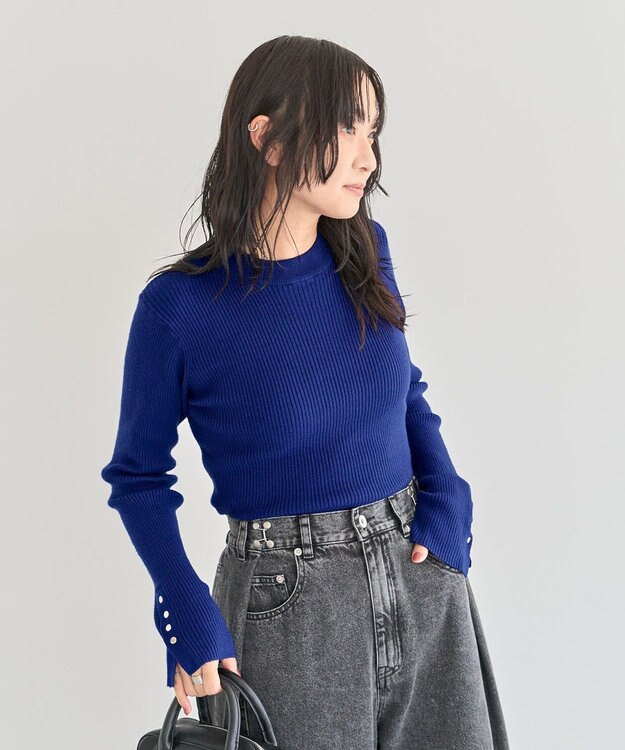 Green Parks もちやわ袖口釦リブニットプルオーバー Blue