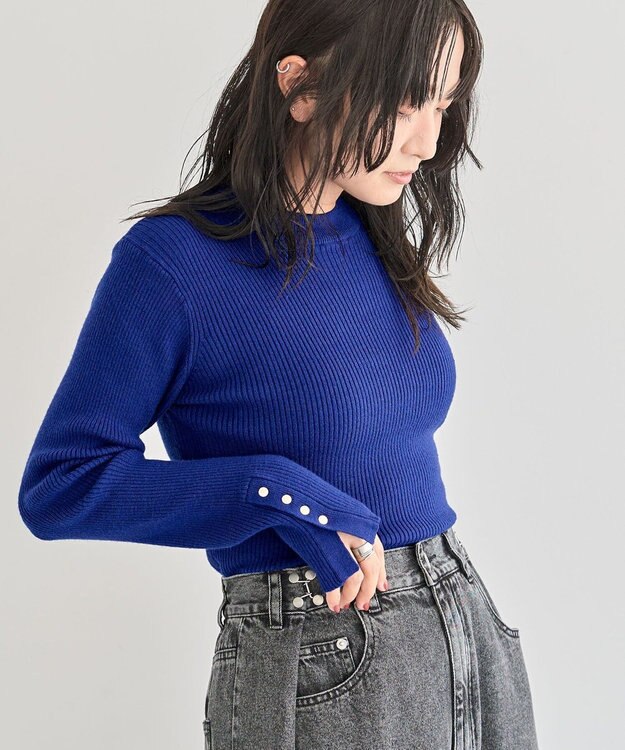 Green Parks もちやわ袖口釦リブニットプルオーバー Blue