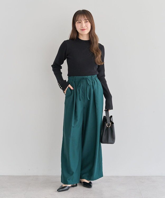 Green Parks もちやわ袖口釦リブニットプルオーバー Black