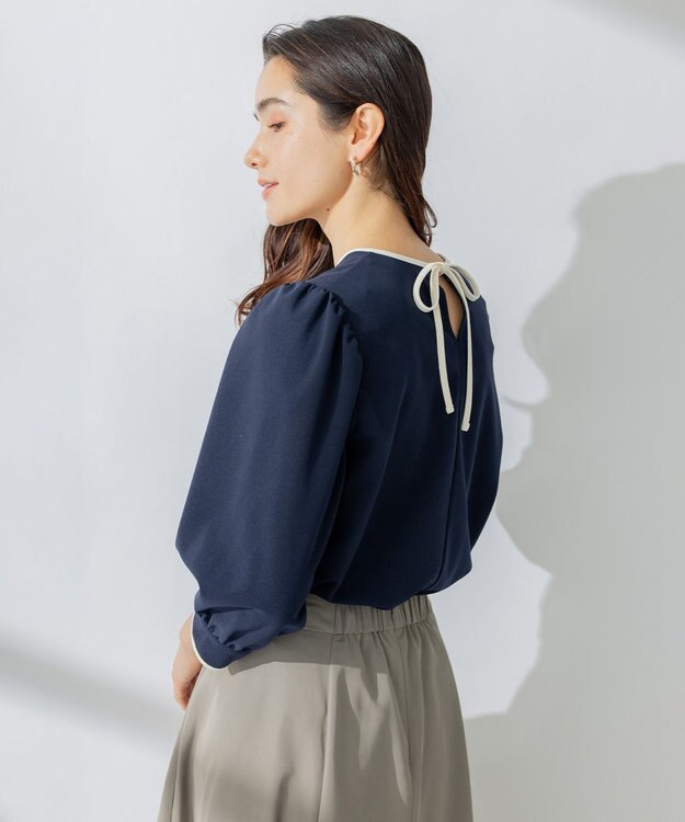 組曲 【洗える】バイカラージョーゼットバックリボン ブラウス ネイビー系