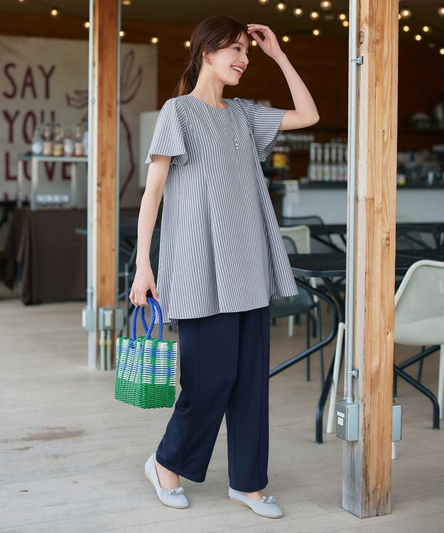 Tiaclasse L 【小倉優子さん着用・選べる袖TYPE・洗える】バックフレアチュニック 新色 半袖ネイビーストライプ