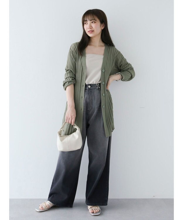 Green Parks 推しニット　リブ編みミドル丈カーディガン Khaki