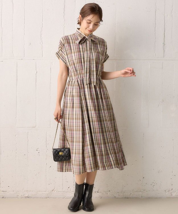 組曲 【リボンタイ付き】シアーツイルチェック ワンピース ベージュ系3