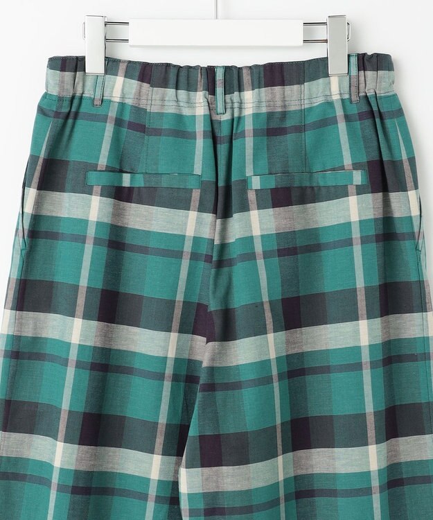 自由区 コットンリネンチェックワイドストレート パンツ グリーン×ネイビー系