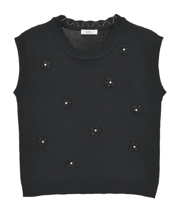 earth music&ecology フラワーモチーフニットベスト Black