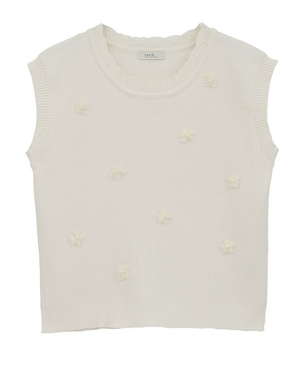 earth music&ecology フラワーモチーフニットベスト Ivory