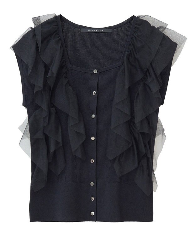 YECCA VECCA チュールラッフルノースリーブカーディガン Black